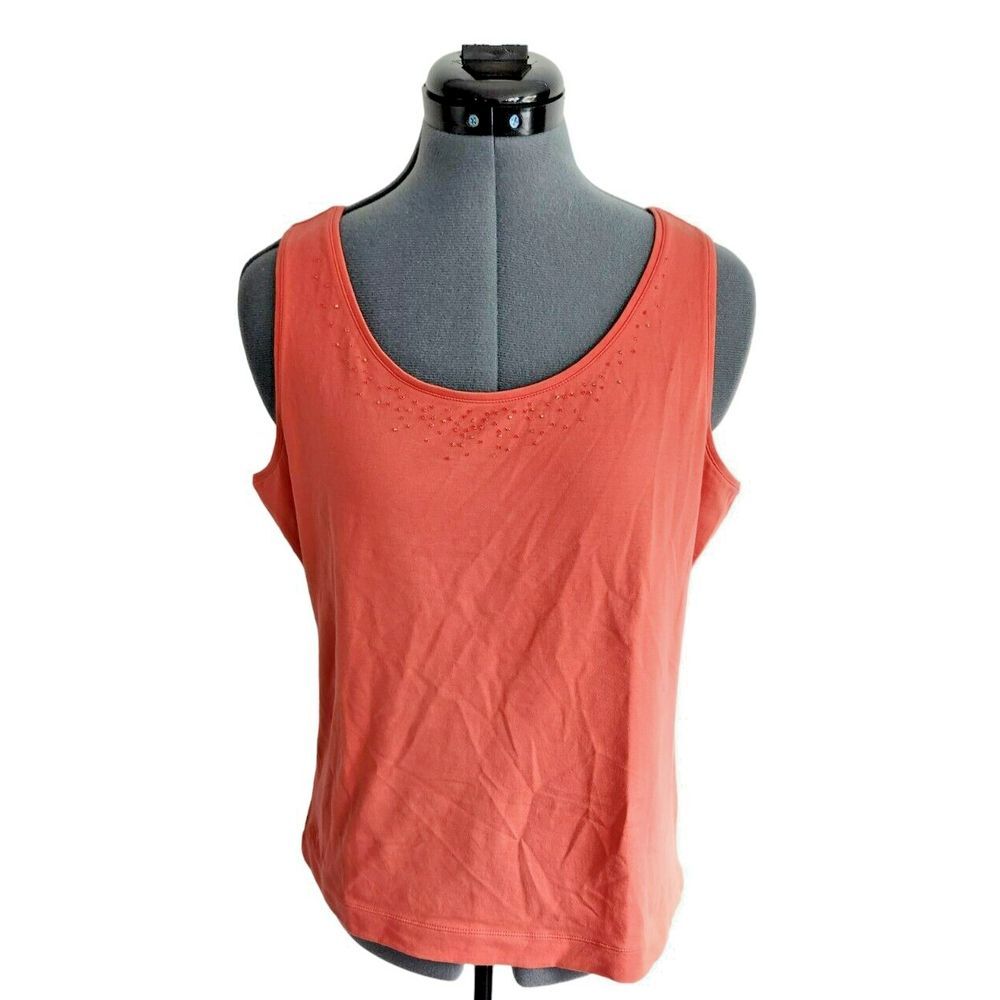 Tommy Bahama Womens Coral Orange Beaded Scoop Neck Tank Top Size L Large